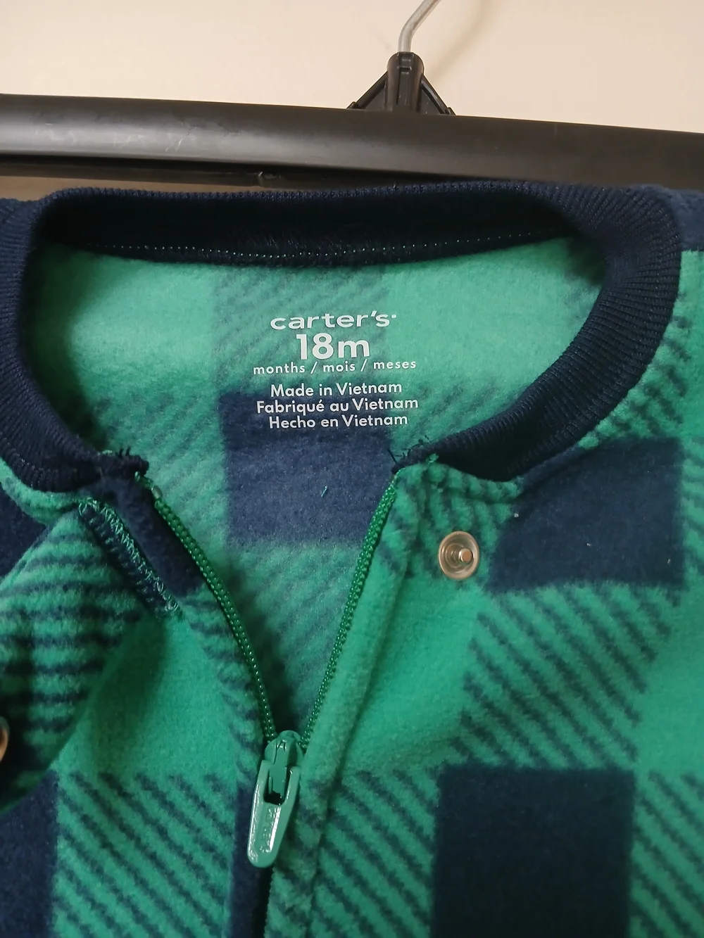 Carter's Green and Navy Buffalo Plaid Fleece Footed One-Piece